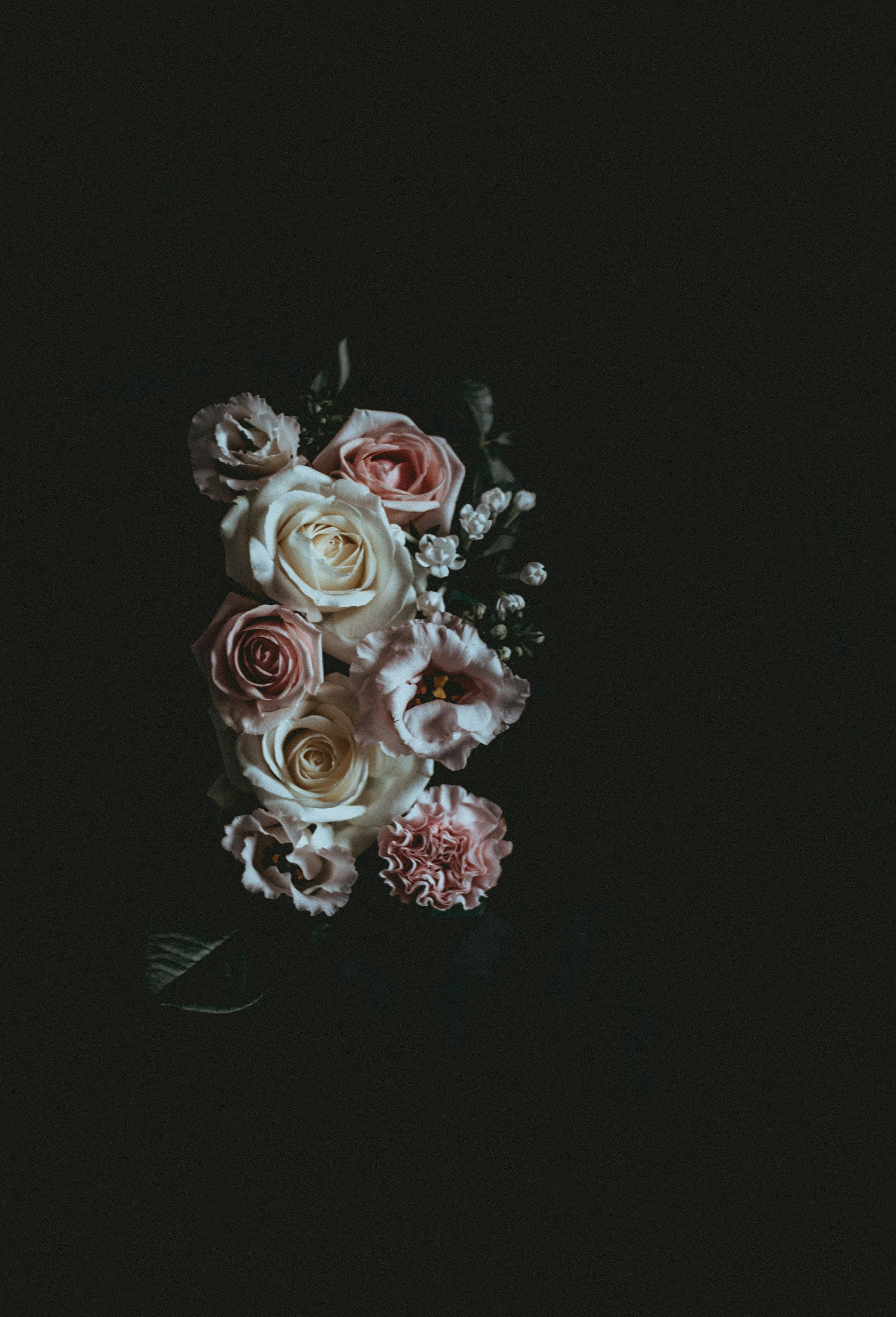 A bouquet of pink and white flowers against a soft grey background